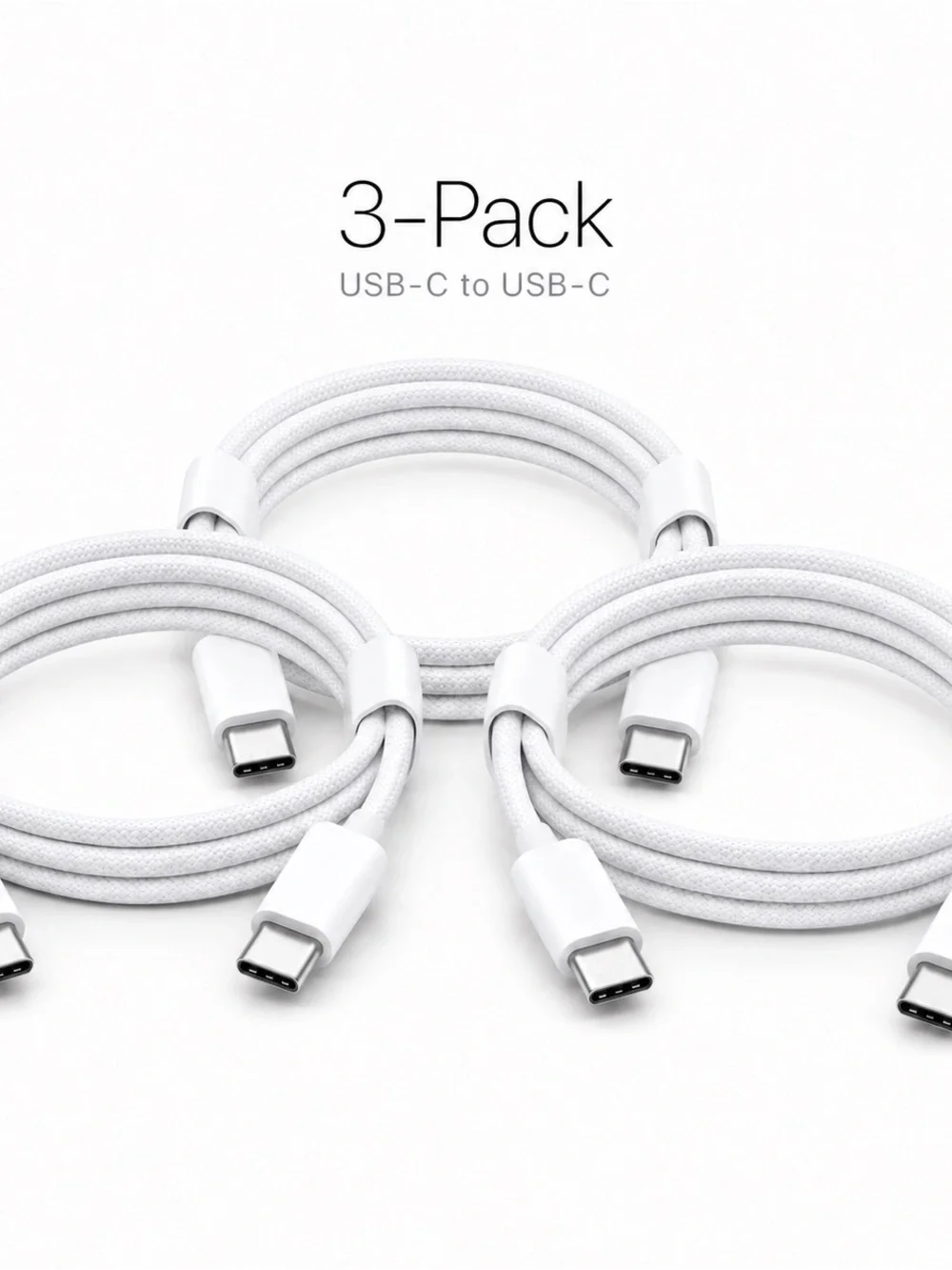3-Pack Braided USB-C to USB-C 60W Fast Charging Cables 3.3FT White